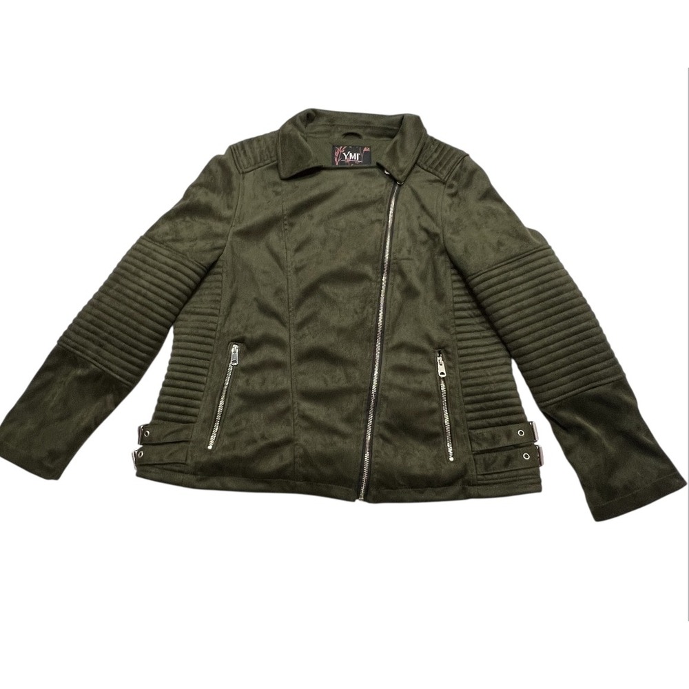 YMI Collection women's 1X Jacket Olive Green Moto Jacket Ribbed Detail JP1400‎